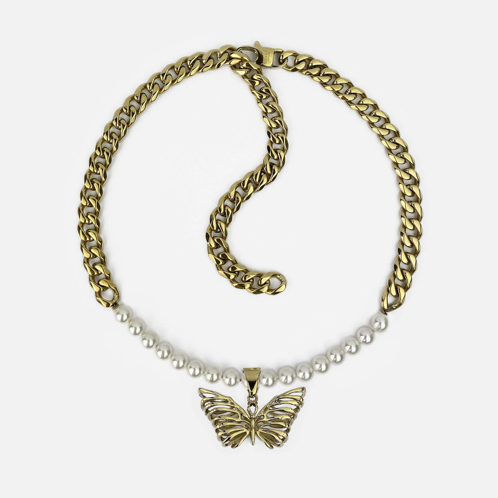DIED LIT BUTTERFLY 2.0 PEARL CUBAN CHAIN RARE-ROMANCE™️ RARE-ROMANCEJewelry - Jewelry - Fashion - silver - gold - necklace - pendant  - chain - choker 