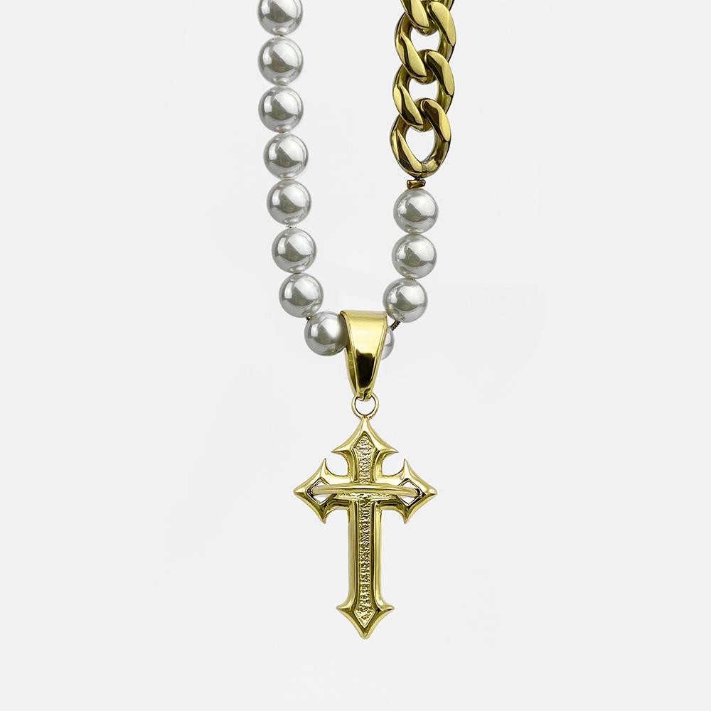CAGED CROSS PEARL CUBAN CHAIN - RARE-ROMANCE