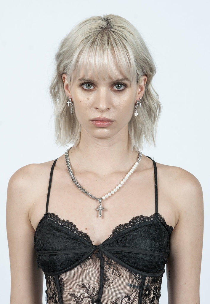 CAGED CROSS PEARL CUBAN CHAIN - RARE-ROMANCE